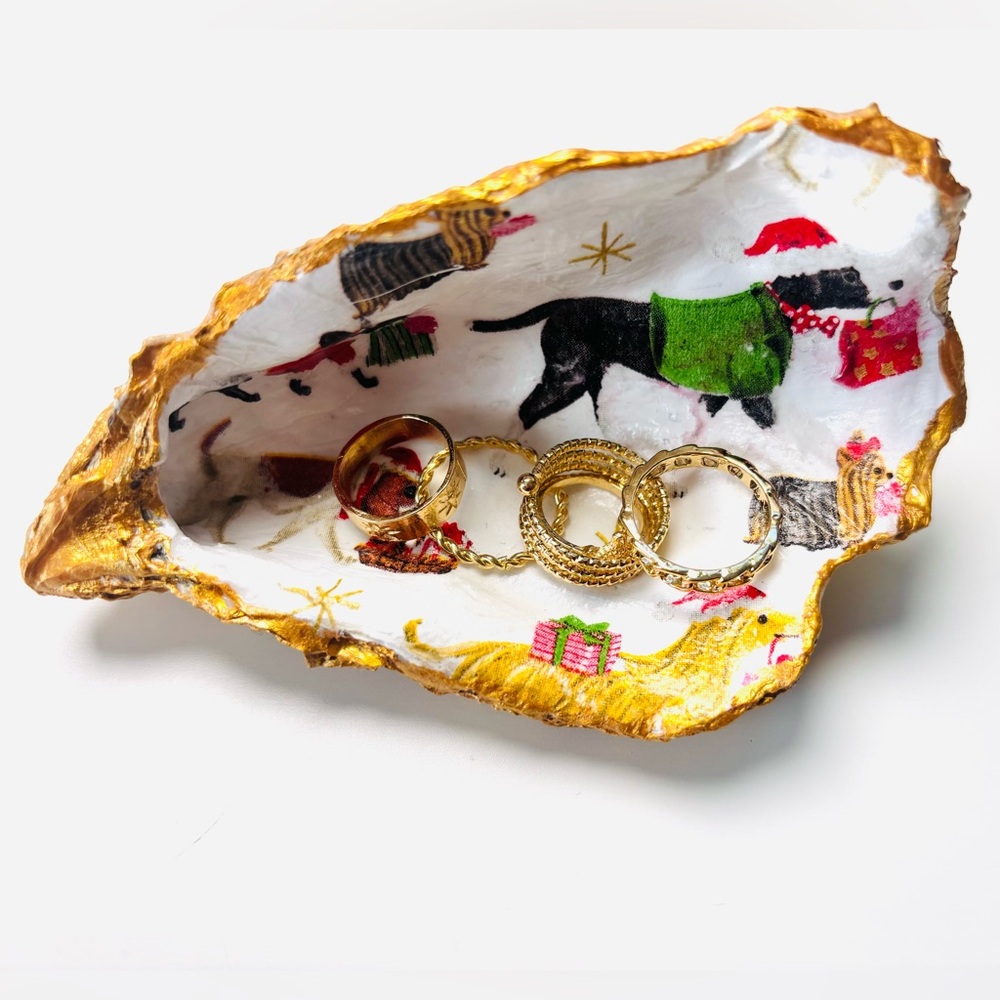Handmade Oyster Shell Trinket Dish W Christmas Dog Decoupage Design
